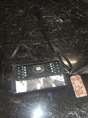 Black & White Cowhide Crossbody with Turquoise Stud Accents